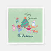 メリークリスマスドッグアイススケートで滑る名モスグリーン スタンダードカクテルナプキン (正面)