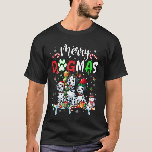 メリークリスマスドッグスリーサンタトナカイ小妖精や小人ダルマ Tシャツ (正面)