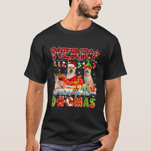 メリークリスマスドッグスリーサンタトナカイ小妖精や小人柴犬 Tシャツ (正面)