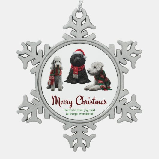 メリークリスマスドッグ スノーフレークピューターオーナメント (正面)