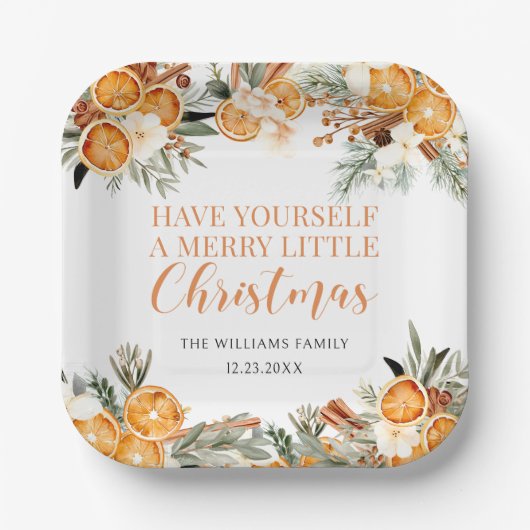 メリークリスマスドライウィンターオレンジ紙ナプキンズ ペーパープレート (正面)
