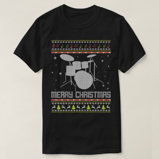 メリークリスマスドラマー醜いセーターミュージシャンクリスマス Tシャツ (デザイン正面)