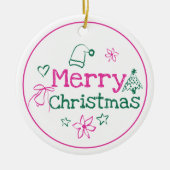 メリークリスマスドードルピンク&グリーンパーソナライズされた セラミックオーナメント (正面)