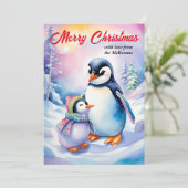 メリークリスマスニューイヤーかわいい水色ペンギン シーズンカード (スタンド正面)