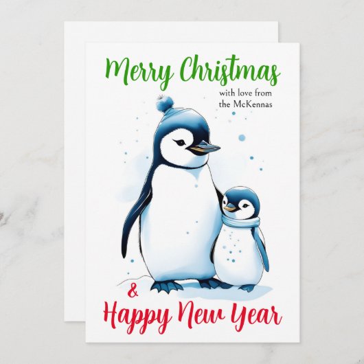 メリークリスマスニューイヤーかわいい水色ペンギン シーズンカード (正面/裏面)