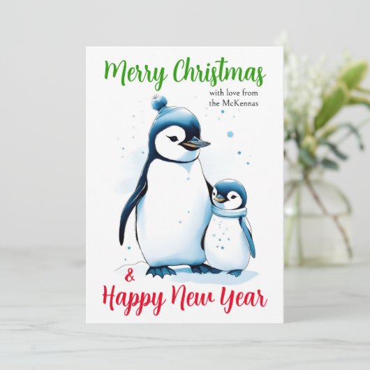 メリークリスマスニューイヤーかわいい水色ペンギン シーズンカード (スタンド正面)