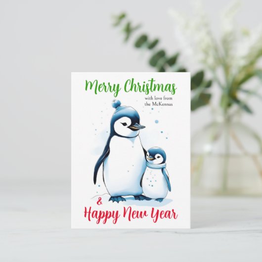 メリークリスマスニューイヤーかわいい水色ペンギン シーズンポストカード (スタンド正面)