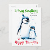 メリークリスマスニューイヤーかわいい水色ペンギン シーズンポストカード (正面/裏面)