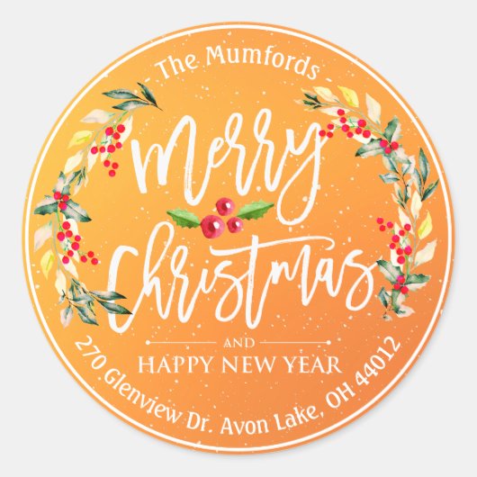 メリークリスマスニューイヤーフローラレッドベリーアドレス ラウンドシール (正面)