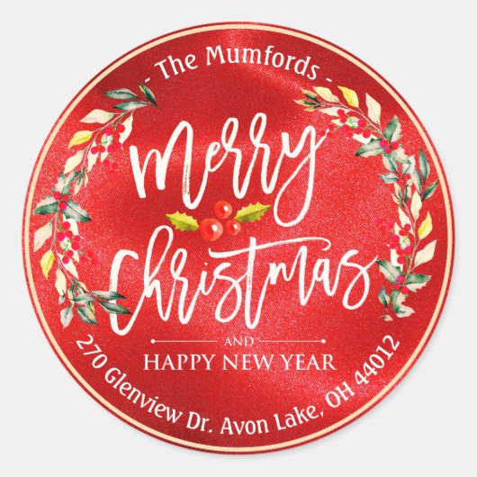 メリークリスマスニューイヤーフローラレッドベリーアドレス ラウンドシール (正面)