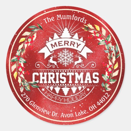 メリークリスマスニューイヤーフローラレッドベリーアドレス ラウンドシール (正面)