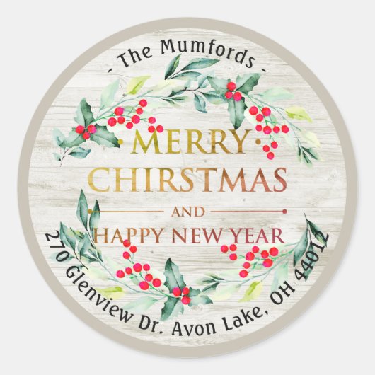 メリークリスマスニューイヤーフローラレッドベリーアドレス ラウンドシール (正面)