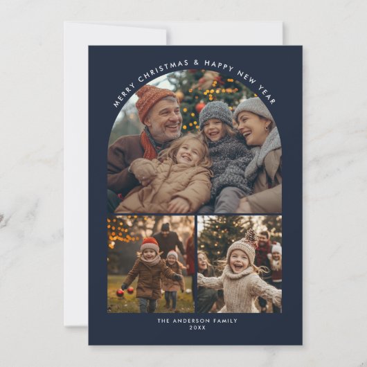 メリークリスマスニューイヤー家族のおもしろいアーチ写真 シーズンカード (正面)