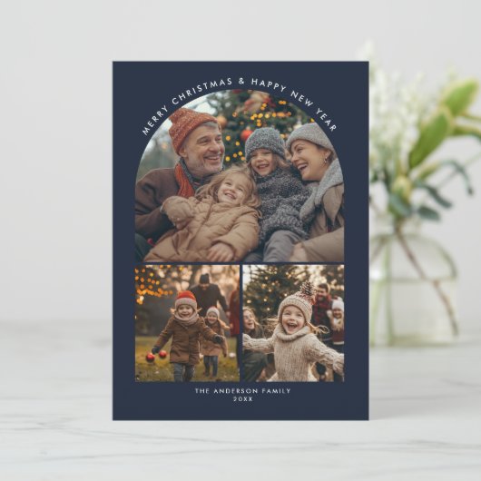 メリークリスマスニューイヤー家族のおもしろいアーチ写真 シーズンカード (スタンド正面)