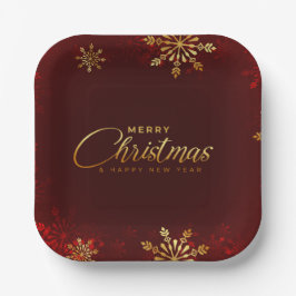 メリークリスマスニューイヤー赤い金ゴールドスクリプト冬 ペーパープレート