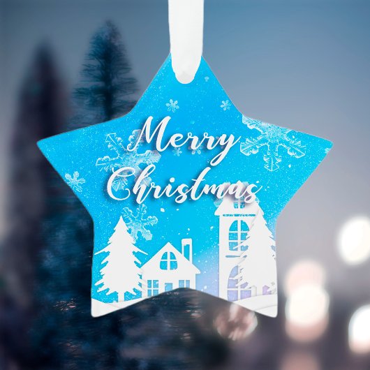 メリークリスマスニューイヤー2023ブルーホワイトハウススノー オーナメント