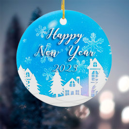 メリークリスマスニューイヤー2023ブルーホワイトハウススノー セラミックオーナメント