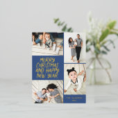 メリークリスマスニューイヤー4フォトコラージネイビーブルー 箔シーズンポストカード (立ち正面)