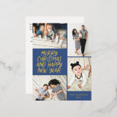 メリークリスマスニューイヤー4フォトコラージネイビーブルー 箔シーズンポストカード (正面/裏面)