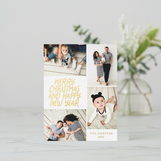 メリークリスマスニューイヤー4フォトコラージュ 箔シーズンポストカード (立ち正面)