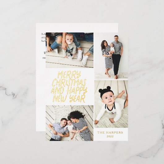メリークリスマスニューイヤー4フォトコラージュ 箔シーズンポストカード (正面/裏面)