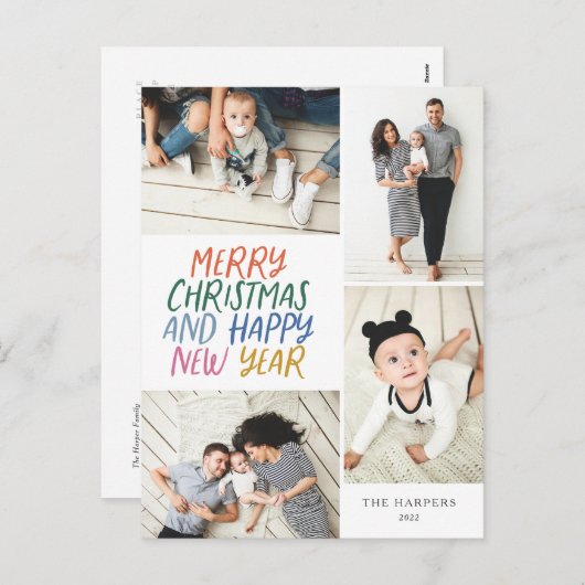 メリークリスマスニューカラフルイヤー4フォトコラージュ シーズンポストカード (正面/裏面)