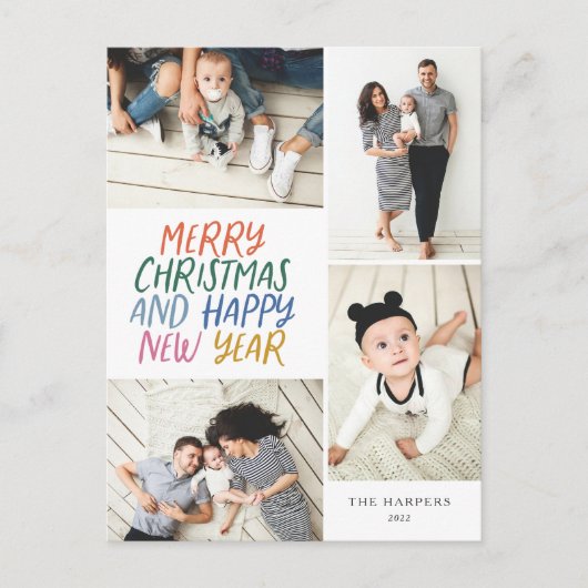 メリークリスマスニューカラフルイヤー4フォトコラージュ シーズンポストカード (正面)