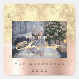 メリークリスマスニューセピア金ゴールドグリッターフォトスパーク スクエアシール