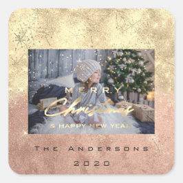 メリークリスマスニューセピア金ゴールドグリッターフォトピーチ スクエアシール