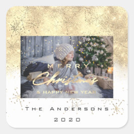 メリークリスマスニューセピア金ゴールドグリッターフォトホワイト スクエアシール