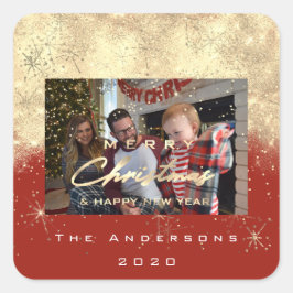 メリークリスマスニューセピア金ゴールドグリッターフォトレッド スクエアシール