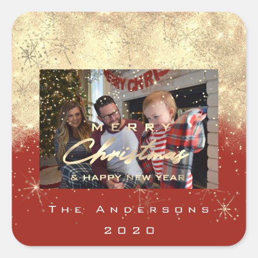 メリークリスマスニューセピア金ゴールドグリッターフォトレッド スクエアシール (正面)