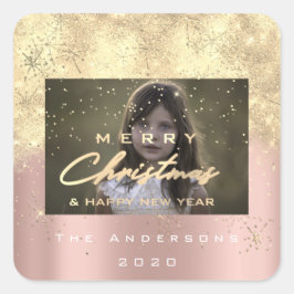 メリークリスマスニューセピア金ゴールドグリッター写真バラ スクエアシール