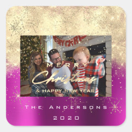 メリークリスマスニューフェイク金ゴールドグリッターフォトピンク スクエアシール