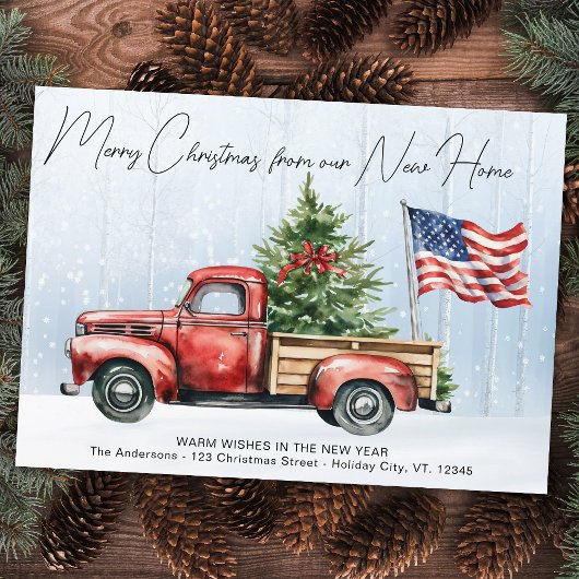 メリークリスマスニューホームヴィンテージレッドトラック移動 シーズンカード