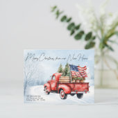 メリークリスマスニューホームヴィンテージレッドトラック移動 シーズンポストカード (スタンド正面)