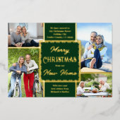 メリークリスマスニューホーム4フォトグリーンと金ゴールド 箔シーズンカード (正面)