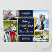 メリークリスマスニューホーム4フォトブルーと金ゴールド 箔シーズンカード (正面)