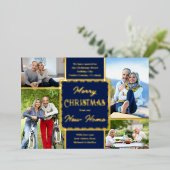 メリークリスマスニューホーム4フォトブルーと金ゴールド 箔シーズンカード (立ち正面)