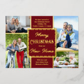 メリークリスマスニューホーム4フォトレッドと金ゴールド 箔シーズンカード (正面)