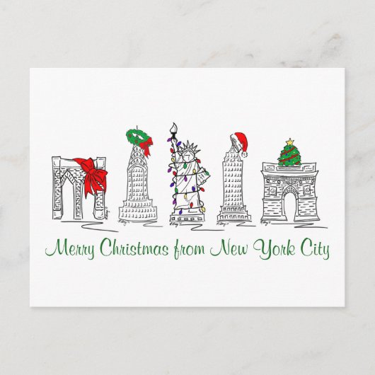 メリークリスマスニューヨークシティNYCクリスマスペンとインク シーズンポストカード (正面)