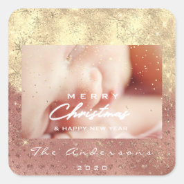 メリークリスマスニュー金ゴールドグリッターフォトピーチホワイト スクエアシール