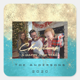 メリークリスマスニュー金ゴールドグリッターフォトブルー スクエアシール