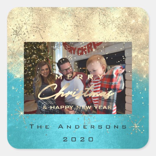 メリークリスマスニュー金ゴールドグリッターフォトブルー スクエアシール (正面)