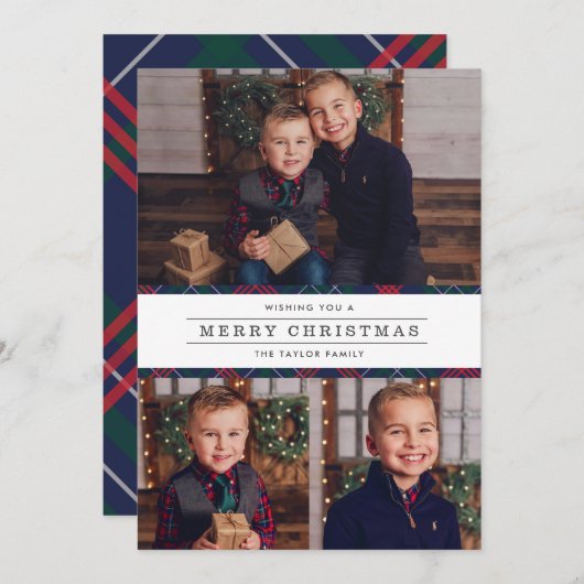 メリークリスマスネイビータータンチェックプレイドフォトコラージュ シーズンカード (正面/裏面)