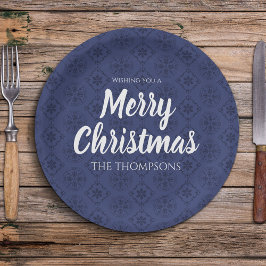 メリークリスマスネイビーブルーシンプルスノーフレークパターン ペーパープレート