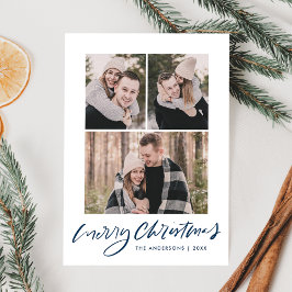 メリークリスマスネイビーブルースクリプト3フォトコラージュ シーズンカード