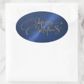 メリークリスマスネイビーブルーステッカーエンボスルック 楕円形シール (バッグ)