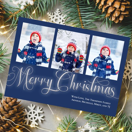 メリークリスマスネイビーブルーフォトコラージスクリプト シーズンカード
