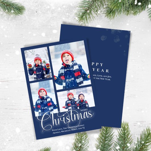 メリークリスマスネイビーブルーフォトコラージュ シーズンカード